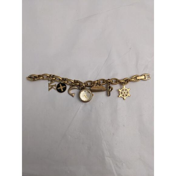 Anne Klein Charm Watch Gold Tone Chain Bracelet 7in Working - Picture 3 of 8